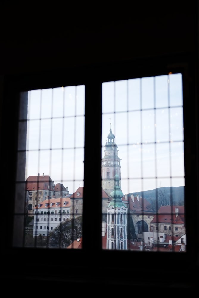 View of Český Krumlov castle tower from the venue window